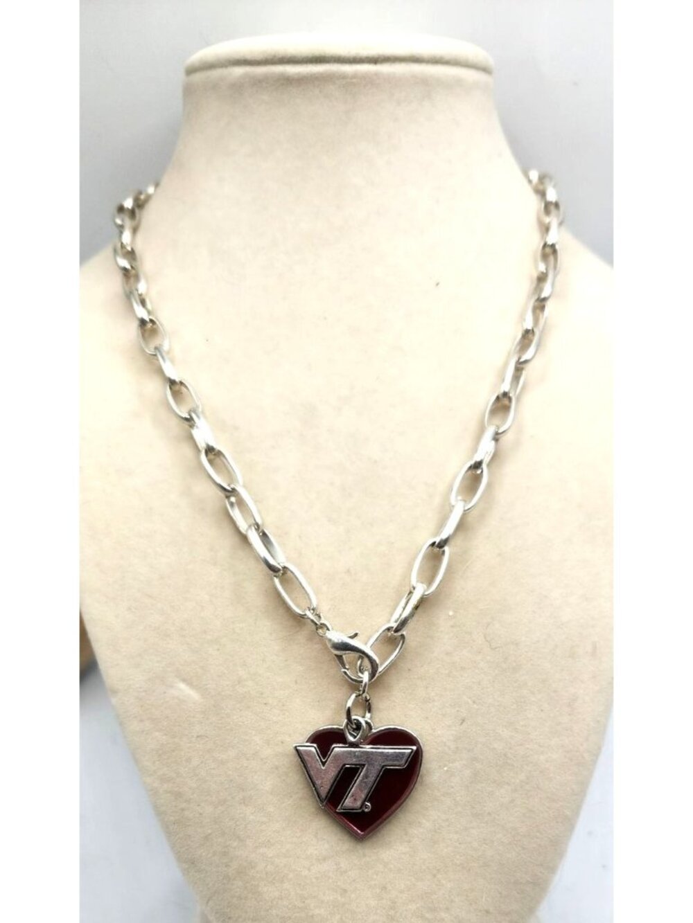 Virginia Tech Pendant On Silver Tone Chain, Heart & VT Initials